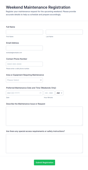 Weekend Maintenance Registration Form Template