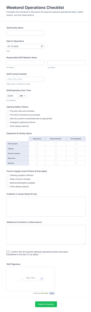Weekend Operations Checklist Form Template