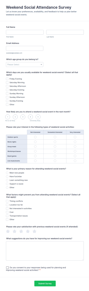 Weekend Social Attendance Survey Form Template