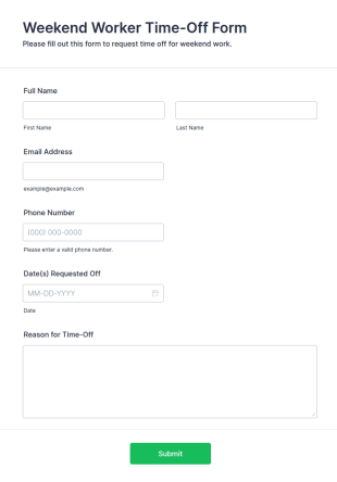 Weekend Worker Time Off Form Template