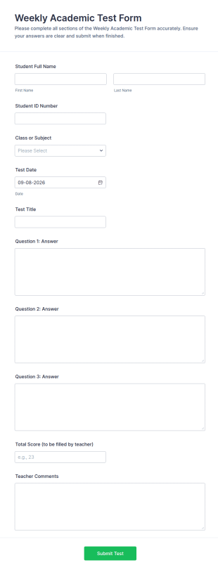 Weekly Academic Test Form Template