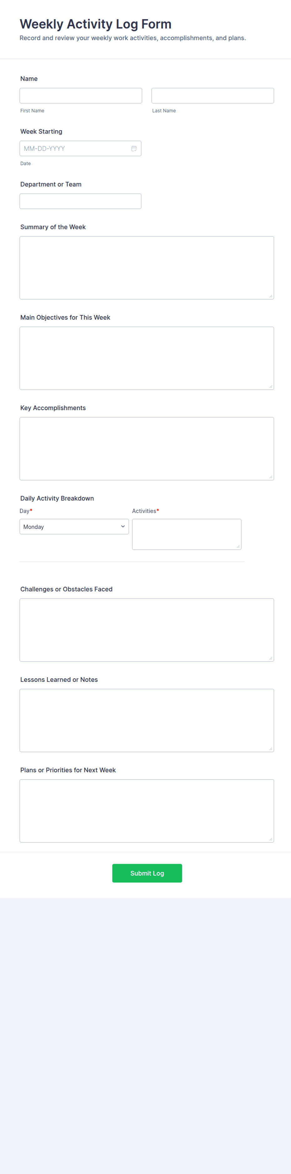 Weekly Activity Log Form Template | Jotform