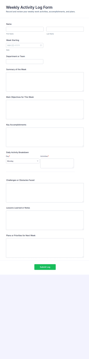 Weekly Activity Log Form Template