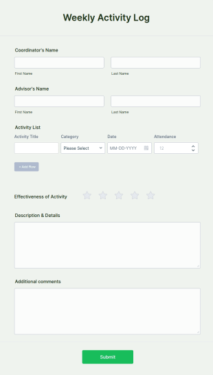 Weekly Activity Log Form Template
