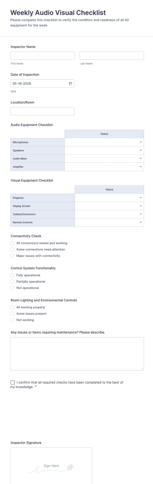 Weekly Audio Visual Checklist Form Template