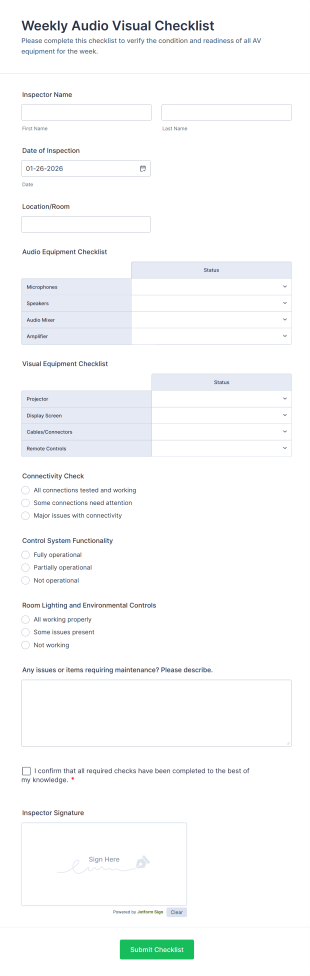 Weekly Audio Visual Checklist Form Template