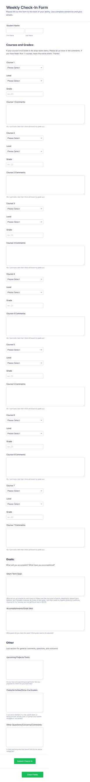 Weekly College Bound Check In Form Template