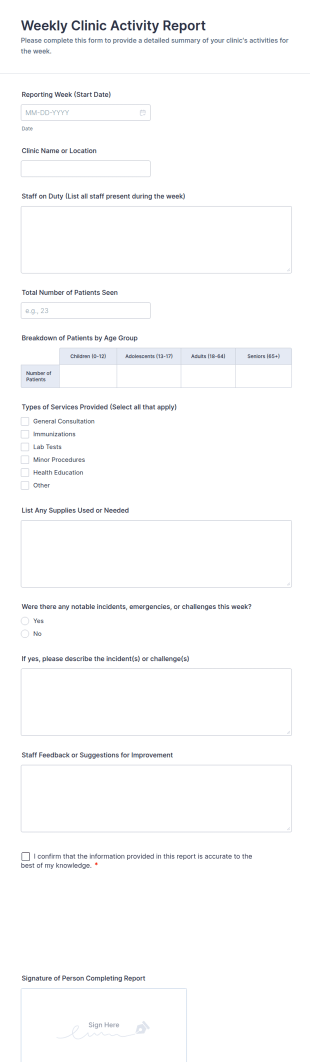 Weekly Clinic Activity Report Form Template