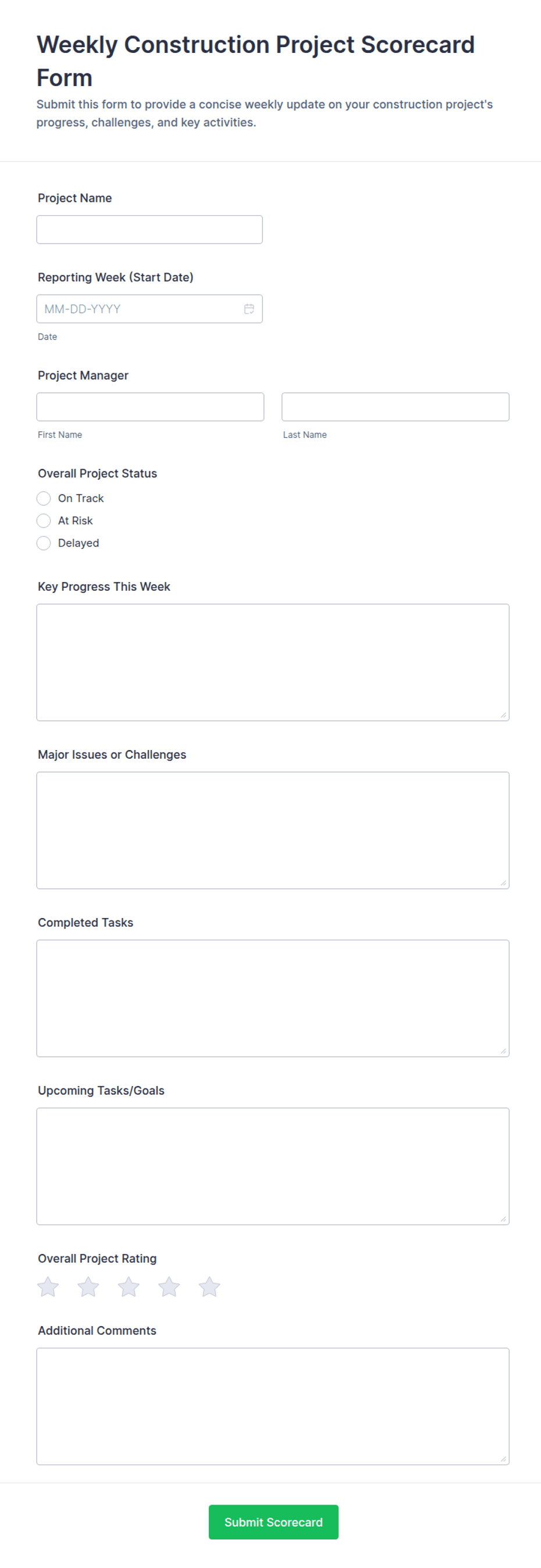 Weekly Construction Project Scorecard Form Template | Jotform