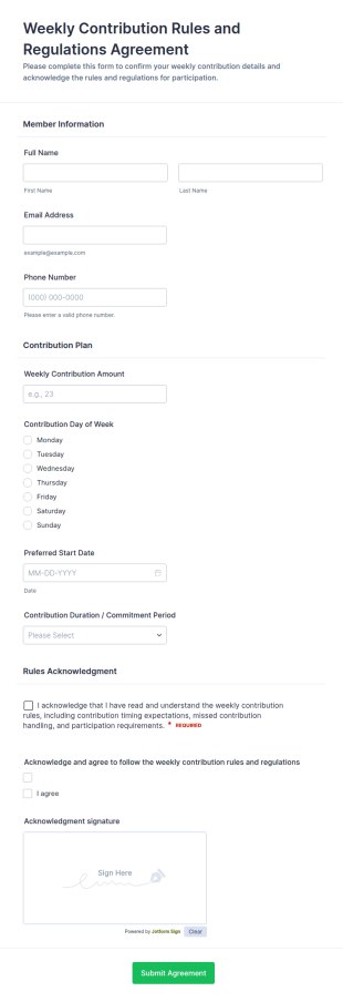 Weekly Contribution Rules And Regulations Agreement Form Template