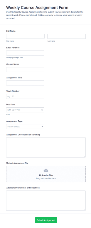 Weekly Course Assignment Form Template