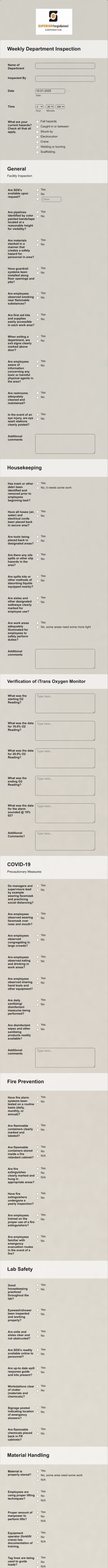Weekly Department Inspection Form Template