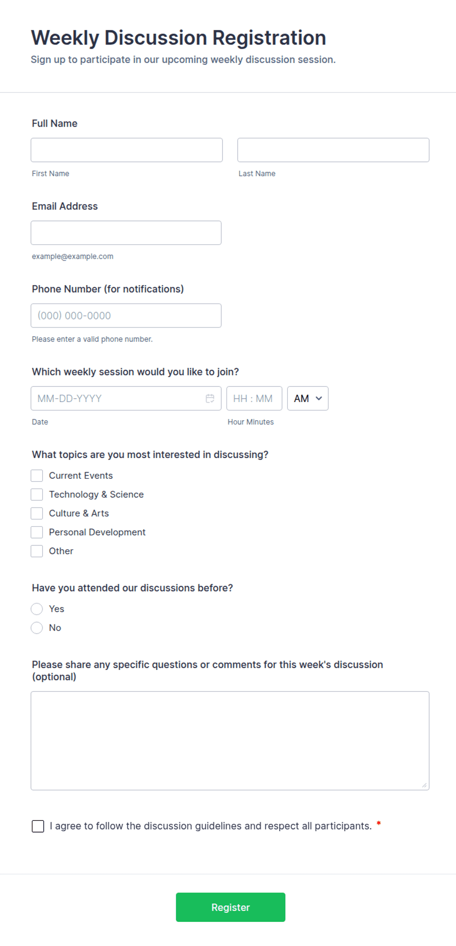 Weekly Discussion Registration Form Template | Jotform