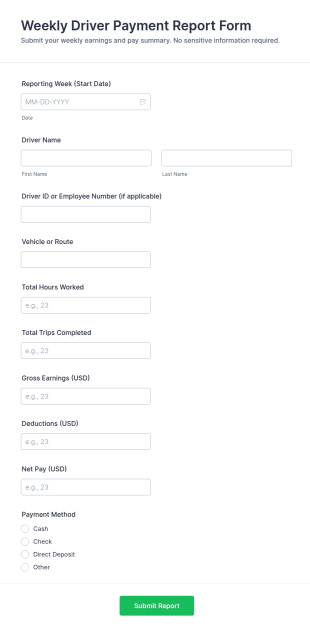 Weekly Driver Payment Report Form Template