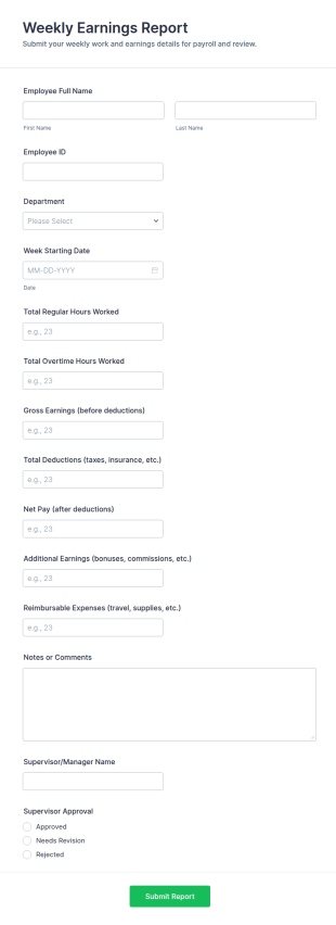 Weekly Earnings Report Form Template