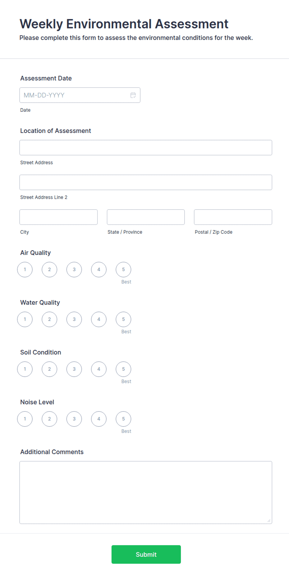 Weekly Environmental Assessment Form Template | Jotform
