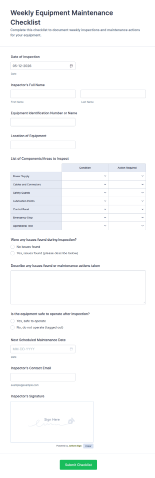 Weekly Equipment Maintenance Checklist Form Template