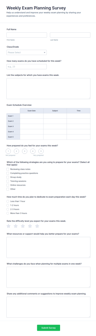 Weekly Exam Planning Survey Form Template