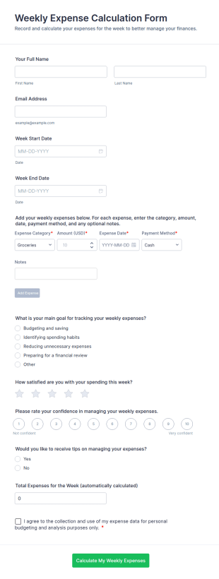 Weekly Expense Calculation Form Template