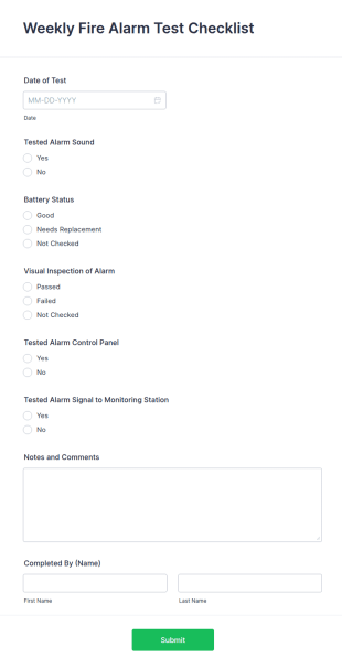 Weekly Fire Alarm Test Checklist Form Template