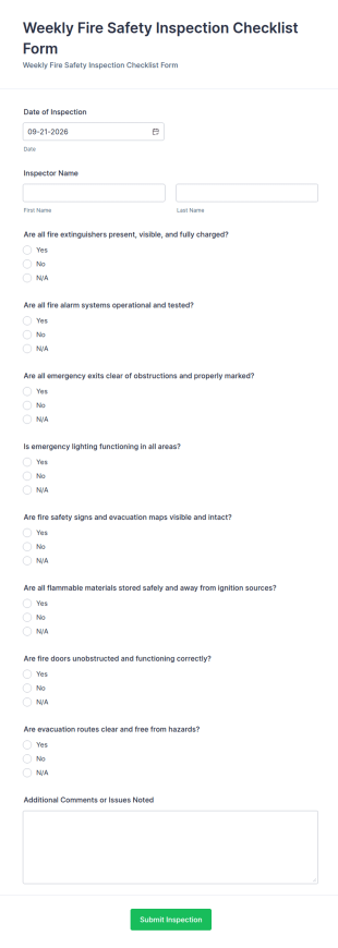 Weekly Fire Safety Inspection Checklist Form Template