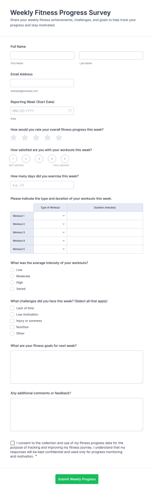 Weekly Fitness Progress Survey Form Template