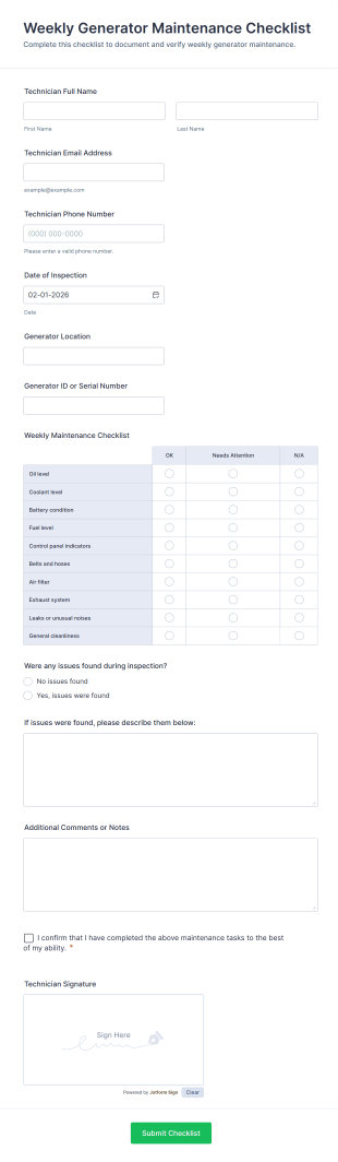 Weekly Generator Maintenance Checklist Form Template
