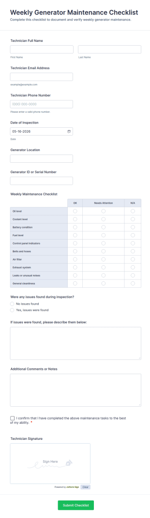 Weekly Generator Maintenance Checklist Form Template