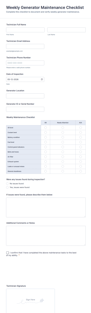 Weekly Generator Maintenance Checklist Form Template