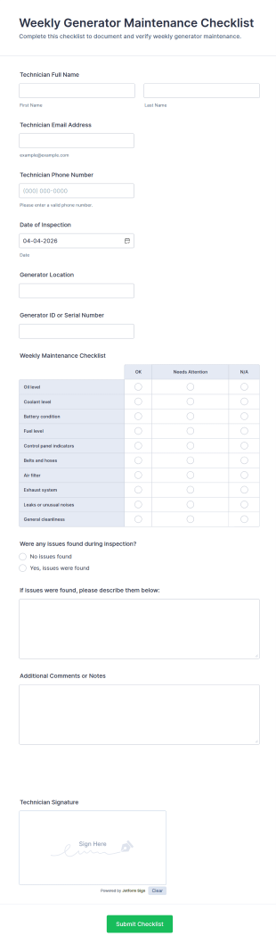 Weekly Generator Maintenance Checklist Form Template