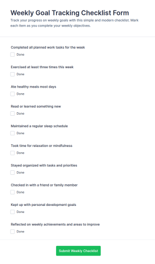 Weekly Goal Tracking Checklist Form Template