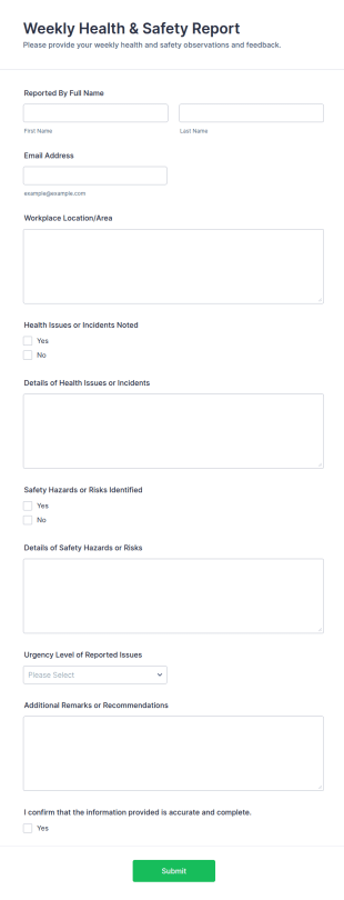 Weekly Health & Safety Report Form Template