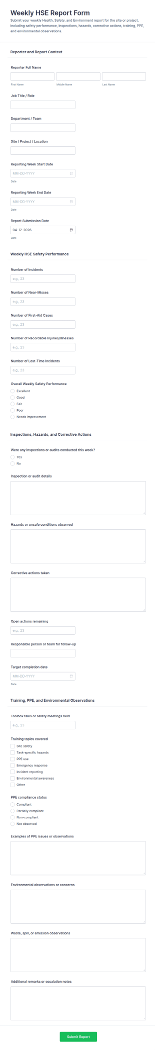 Weekly HSE Report Form Template
