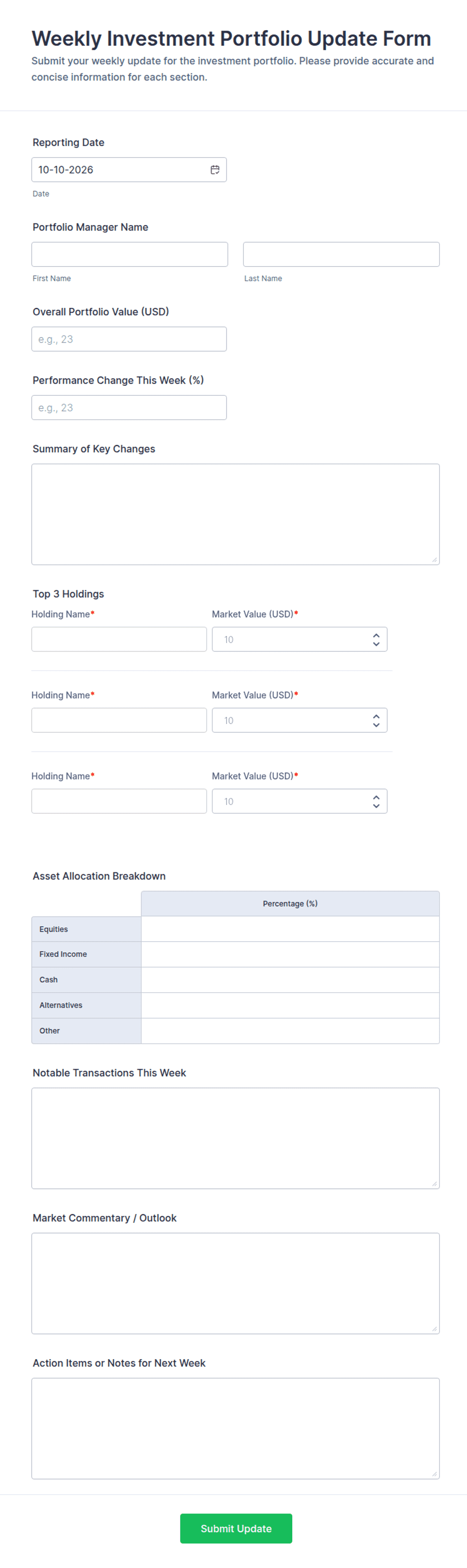 Weekly Investment Portfolio Update Form Template | Jotform