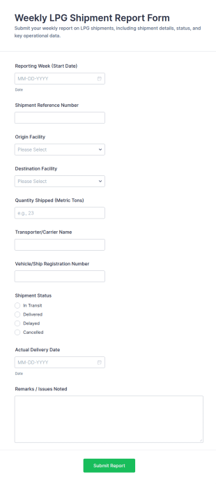 Weekly LPG Shipment Report Form Template