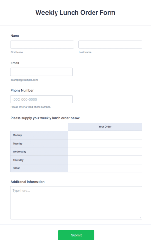 Weekly Lunch Order Form Template