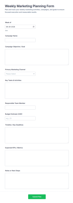 Weekly Marketing Planning Form Template