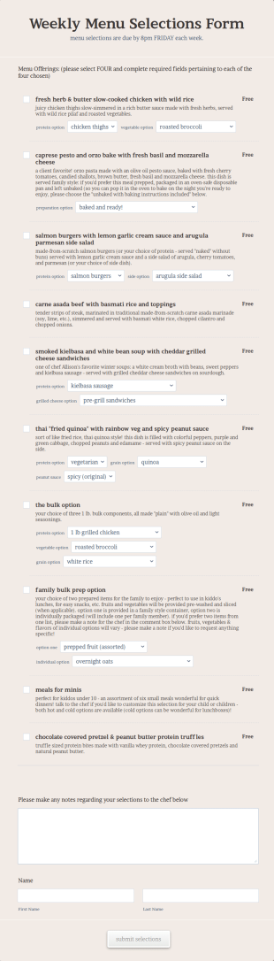 Weekly Menu Selections Form Template