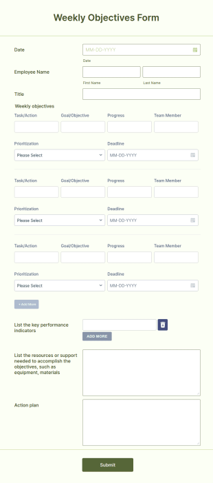 Weekly Objectives Form Template
