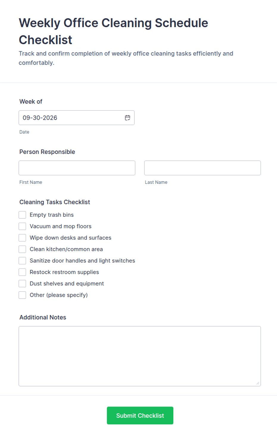 Weekly Office Cleaning Schedule Checklist Form Template | Jotform
