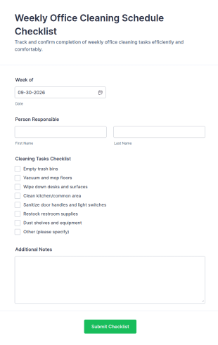 Weekly Office Cleaning Schedule Checklist Form Template