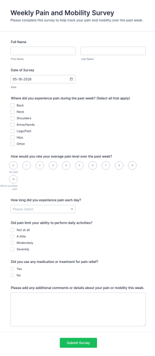 Weekly Pain And Mobility Survey Form Template