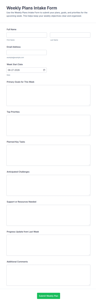 Weekly Plans Intake Form Template