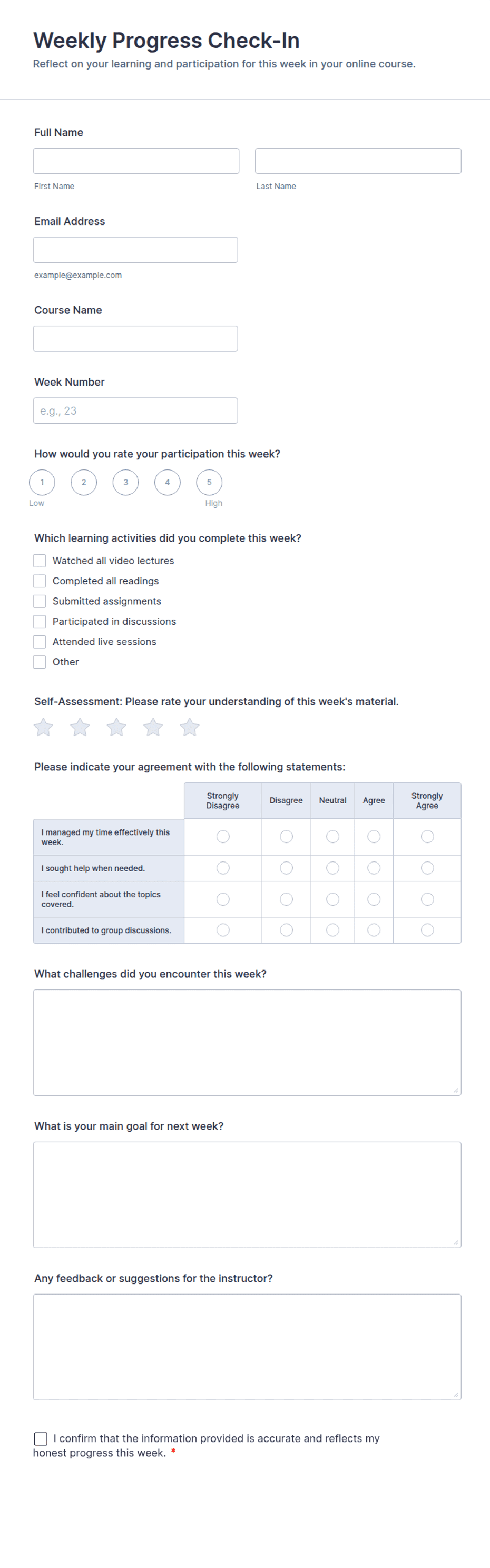 Weekly Progress Check-In Form Template | Jotform