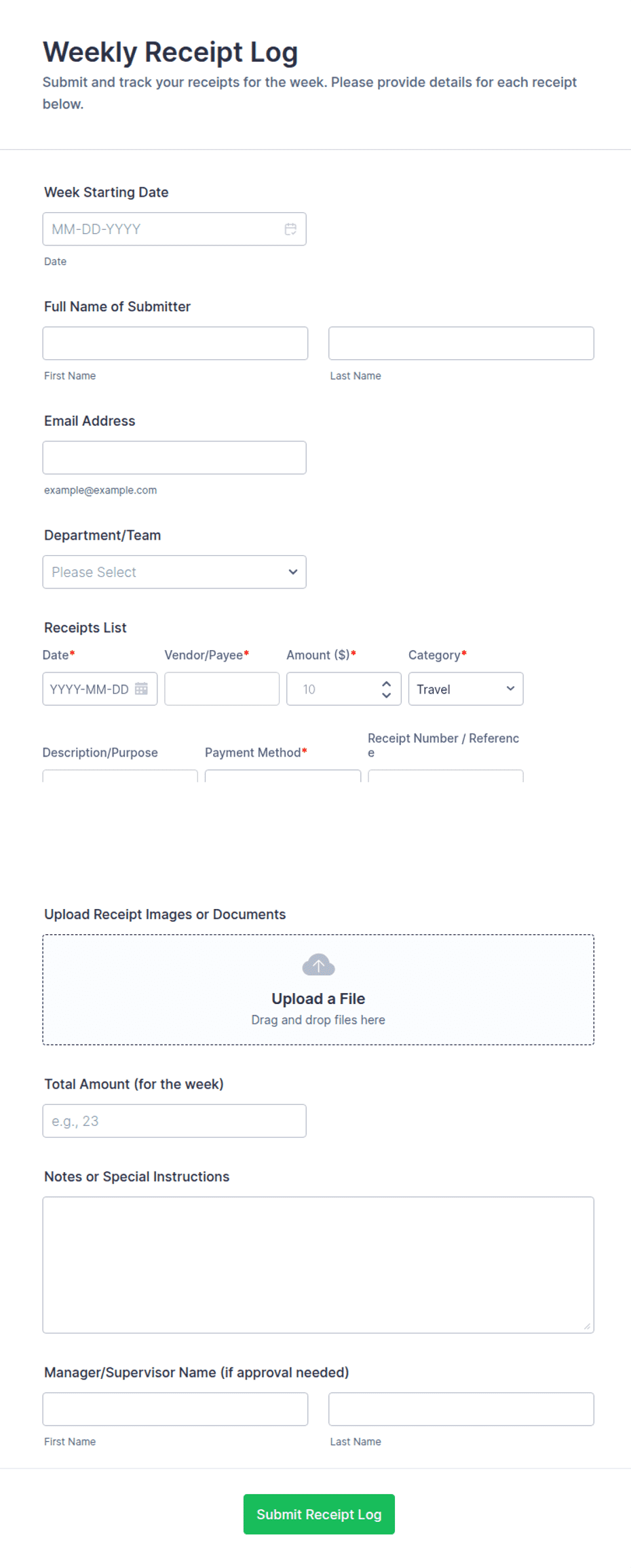 Weekly Receipt Log Form Template | Jotform