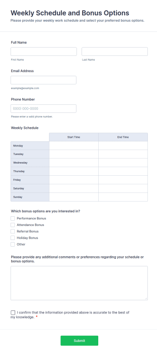 Weekly Schedule And Bonus Options Form Template