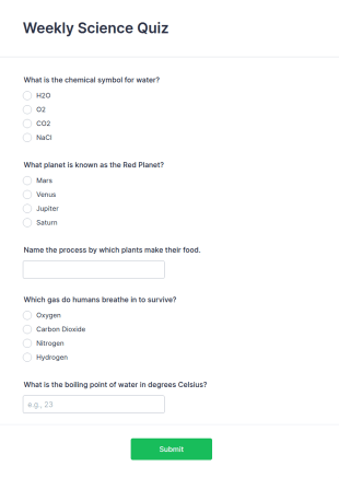 Weekly Science Quiz Form Template