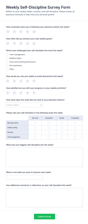 Weekly Self Discipline Survey Form Template