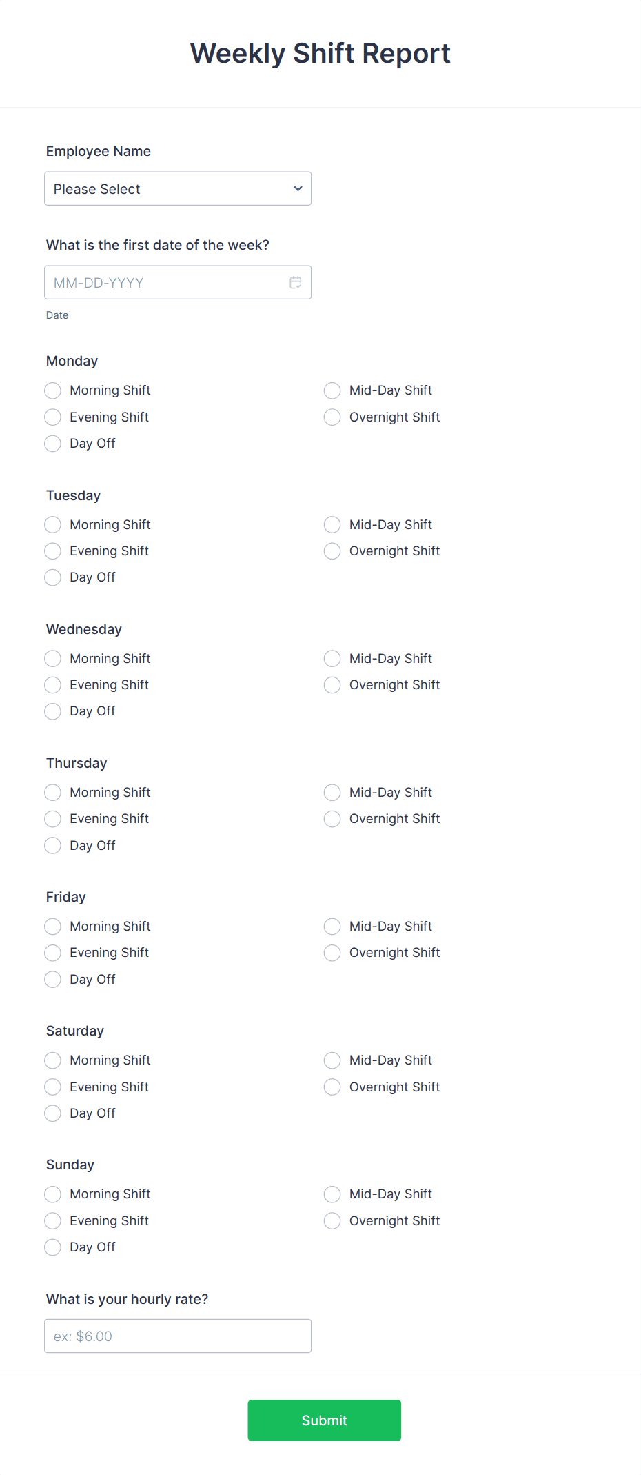 Weekly Shift Report Form Template | Jotform
