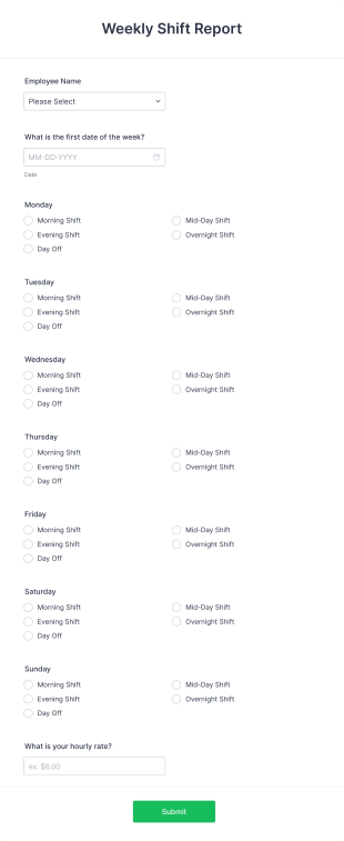 Weekly Shift Report Form Template
